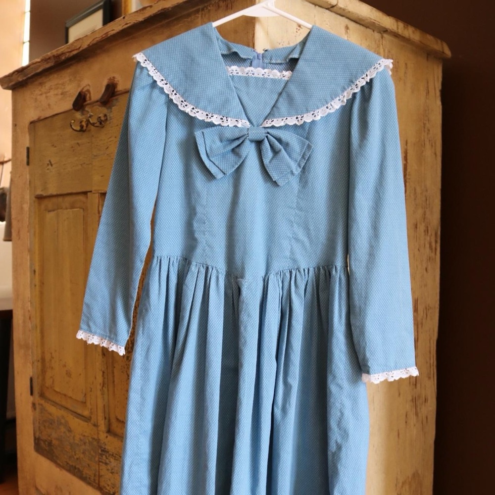 Vintage Blue Dress with Lace Trim